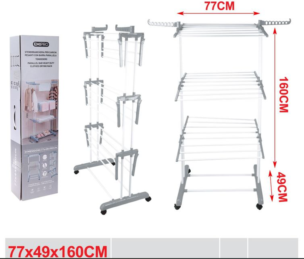 Stendibiancheria Perricarichi Pesanti in Acciaio con Ruote 160x50x77