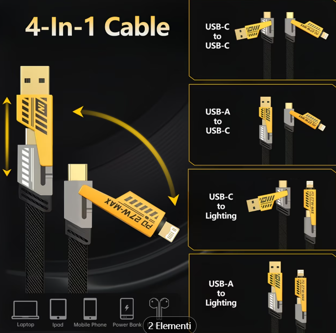 Cavo di Ricarica Rapida 4-in-1, 100 cm, Doppio Connettore Type-C & USB Lightning, Cavo Piatto in Tessuto, Superficie Opaca, USB Maschio a Maschio, Compatibile con iPhone 15, per iPhone, Cavo di Ricarica USB Type C per Tablet