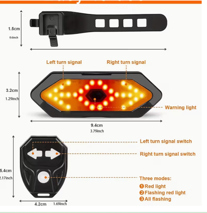 Wireless Tail Light with Remote Control for Bicycles, Mountain Bike Lights, USB Rechargeable Lights, Rear Lights for Night Cycling and Rear Turn Signals for Road Bikes