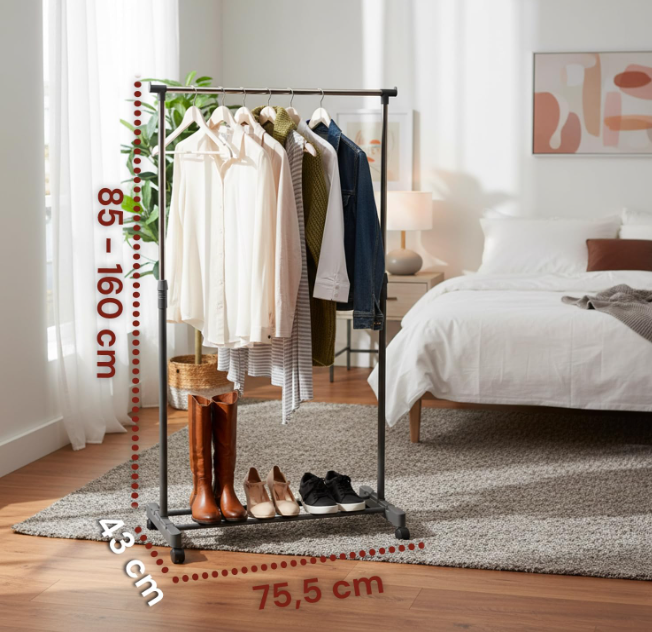 Appendiabiti con Ruote in Metallo - Altezza Regolabile80*40*160cm - Stand Appendiabiti Ideale per Riporre Giacche, Cappotti, Abiti o Scarpe - Design Minimal e Struttura Stabile