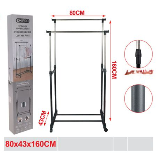 Multi-Purpose Metal Coat Rack, Clothes Rack with Wheels, Double Garment Rack with Adjustable Height, 80x43x160 cm