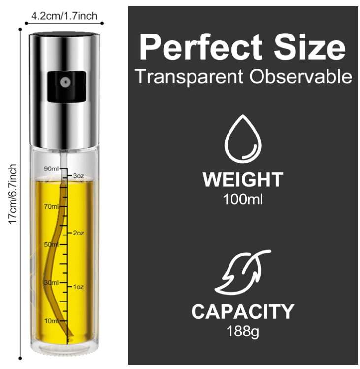 Spruzzino per Olio, 100 ML Spray Olio con Scala, Spruzzatore Olio Bottiglia di Olio o aceto Riutilizzabile Trasparente, Adatto per Cucinare, Grigliare, cuocere al Forno, Pasta, insalate