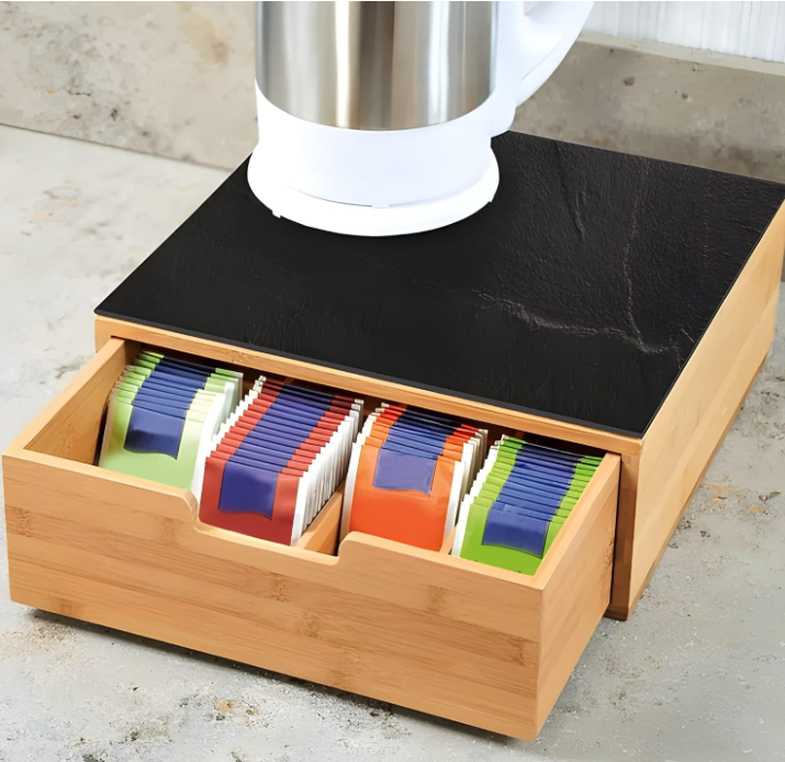 Porta Cialde e Capsule Caffè in Bambù con Vetro Temperato, Organizer con Cassetto e 4 Scomparti