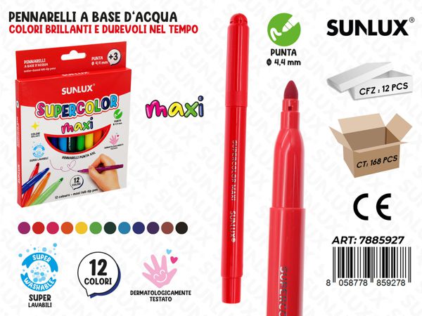 Sunlux Set di 12 Pennarelli maxi Supercolor a Punta Sottile 4.4 mm Lavabili e Sicuri per Scuola e Tempo Libero 12 Colori maxi