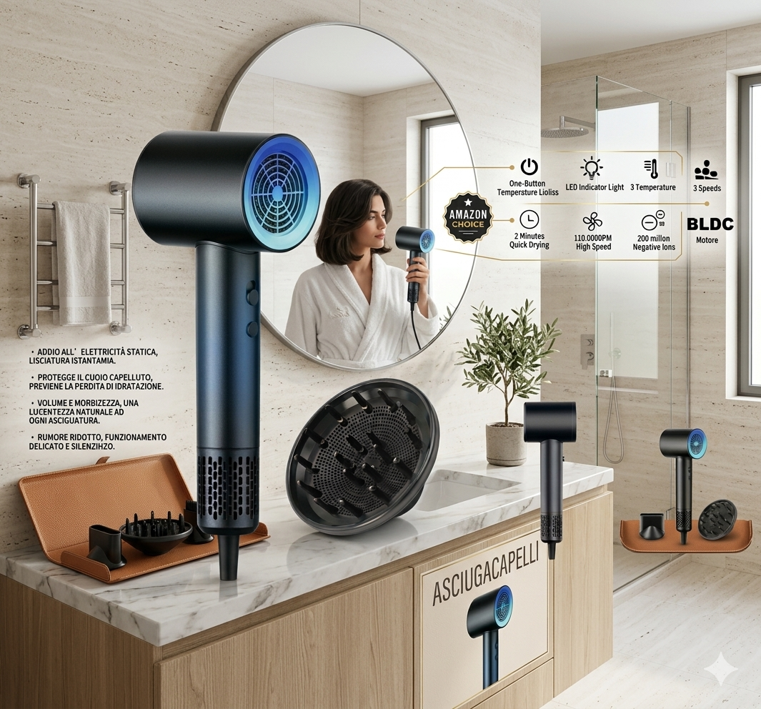 Asciugacapelli ultra veloce potenza 1600W