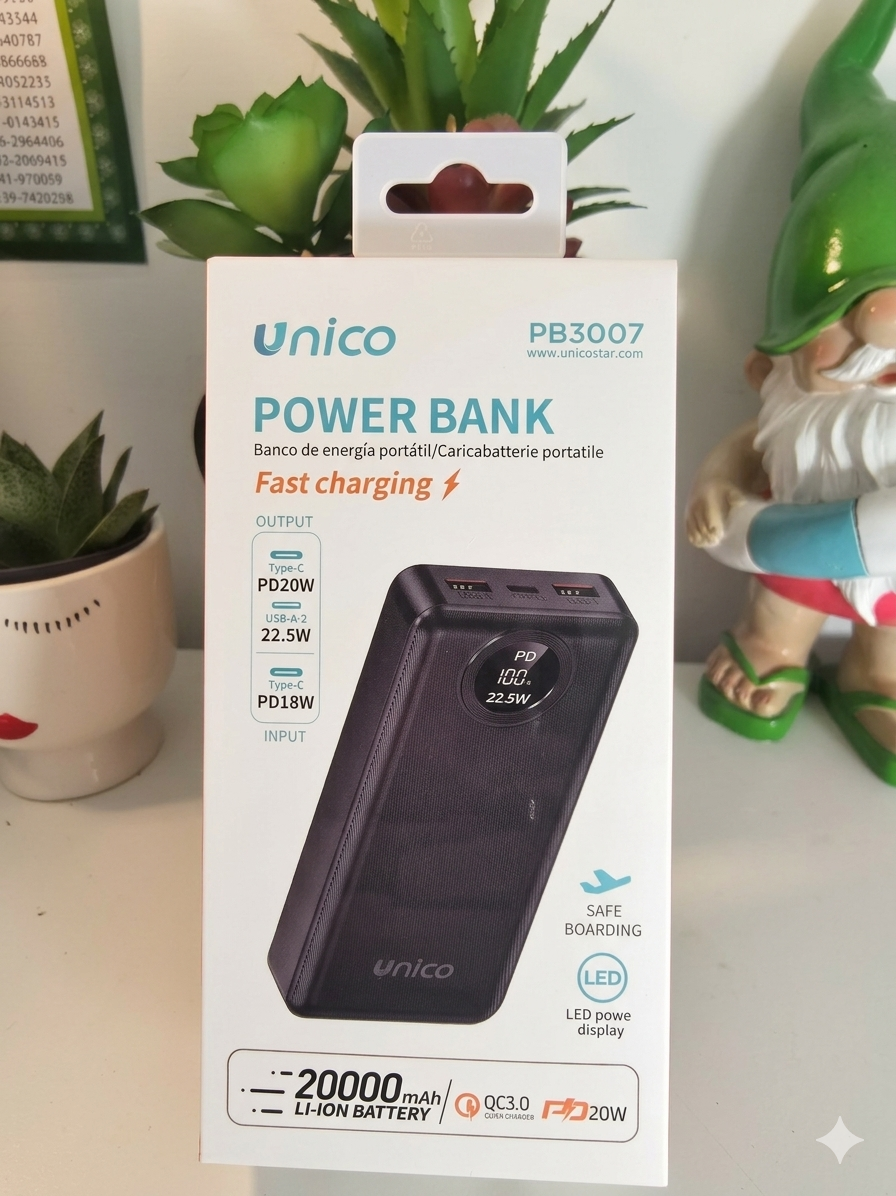 Unico Power Bank 20000mAh PB3007 Ricarica Rapida PD 22.5W con Display LED e Cavo Integrato Caricabatterie Portatile Super Veloce