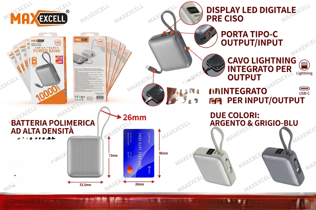 Power Bank 10000mAh Veloce - Mini Batteria Esterna Portatile per iPhone e Samsung - Caricabatterie con Cavo Tipo-C e Lightning Integrato - Design Compatto e Display Percentuale LED
