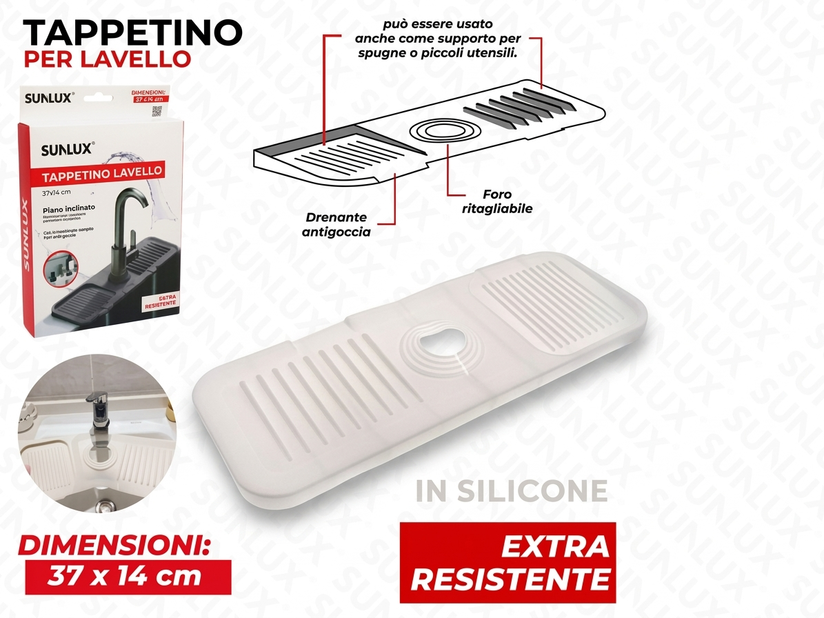 SUNLUX Tappetino Lavello Antiscivolo in Silicone 37x14 cm EXTRA Resistente e Durabile per Filtraggio Efficace e Facile Installazione