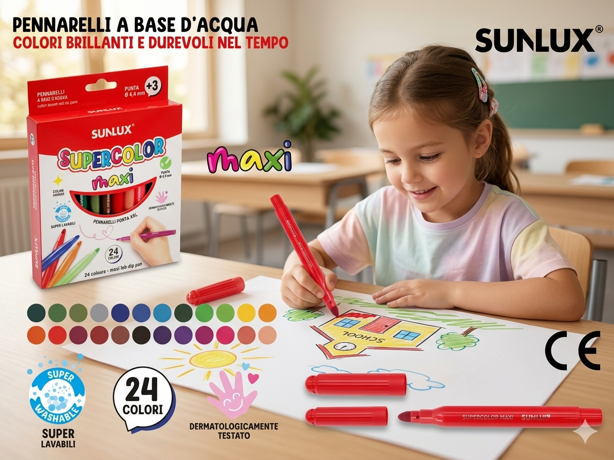 Sunlux Set di 24 Pennarelli maxi Supercolor a Punta Sottile 4.4 mm Lavabili e Sicuri per Scuola e Tempo Libero 24Colori maxiI