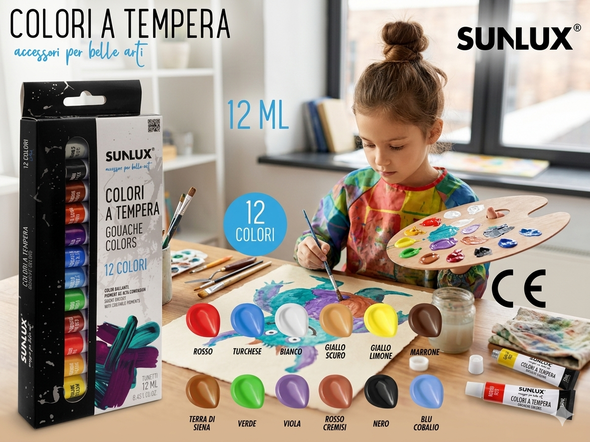SUNLUX Set di Colori a Tempera Professionali Lavabile 12 Tubetti da 12ml Ideali per Scuola Hobby e Belle Arti Alta Qualità e Copertura Eccellente