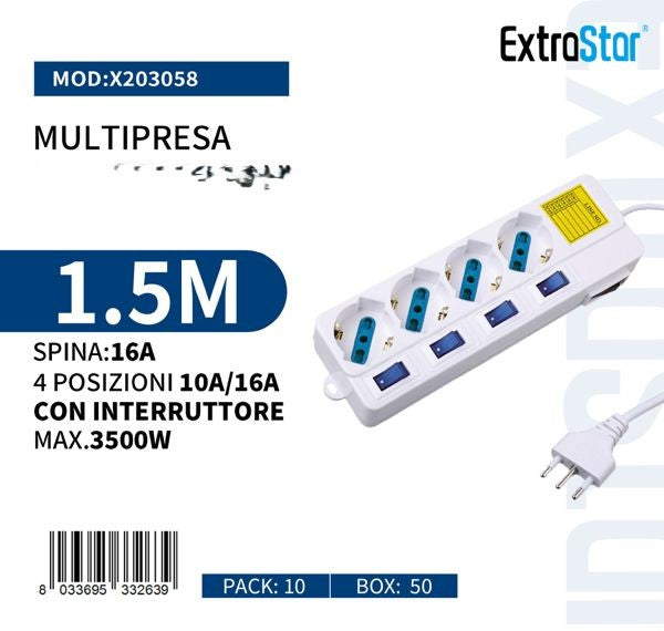 Ciabatta Multipresa a 4/5/6 Posti Spina Bipasso Schuko 10-16A con Interruttori Luminosi e Cavo 1.5m SPINA 16A per Uso Domestico