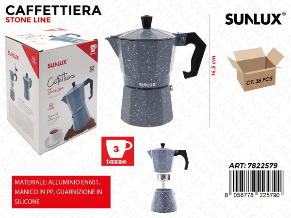 Coffee Maker 1/2/3/6 Cups – Stone Effect Aluminum Moka Pot | Ergonomic Handle, Compatible with Gas and Traditional Hobs