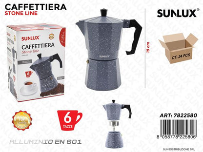 Coffee Maker 1/2/3/6 Cups – Stone Effect Aluminum Moka Pot | Ergonomic Handle, Compatible with Gas and Traditional Hobs