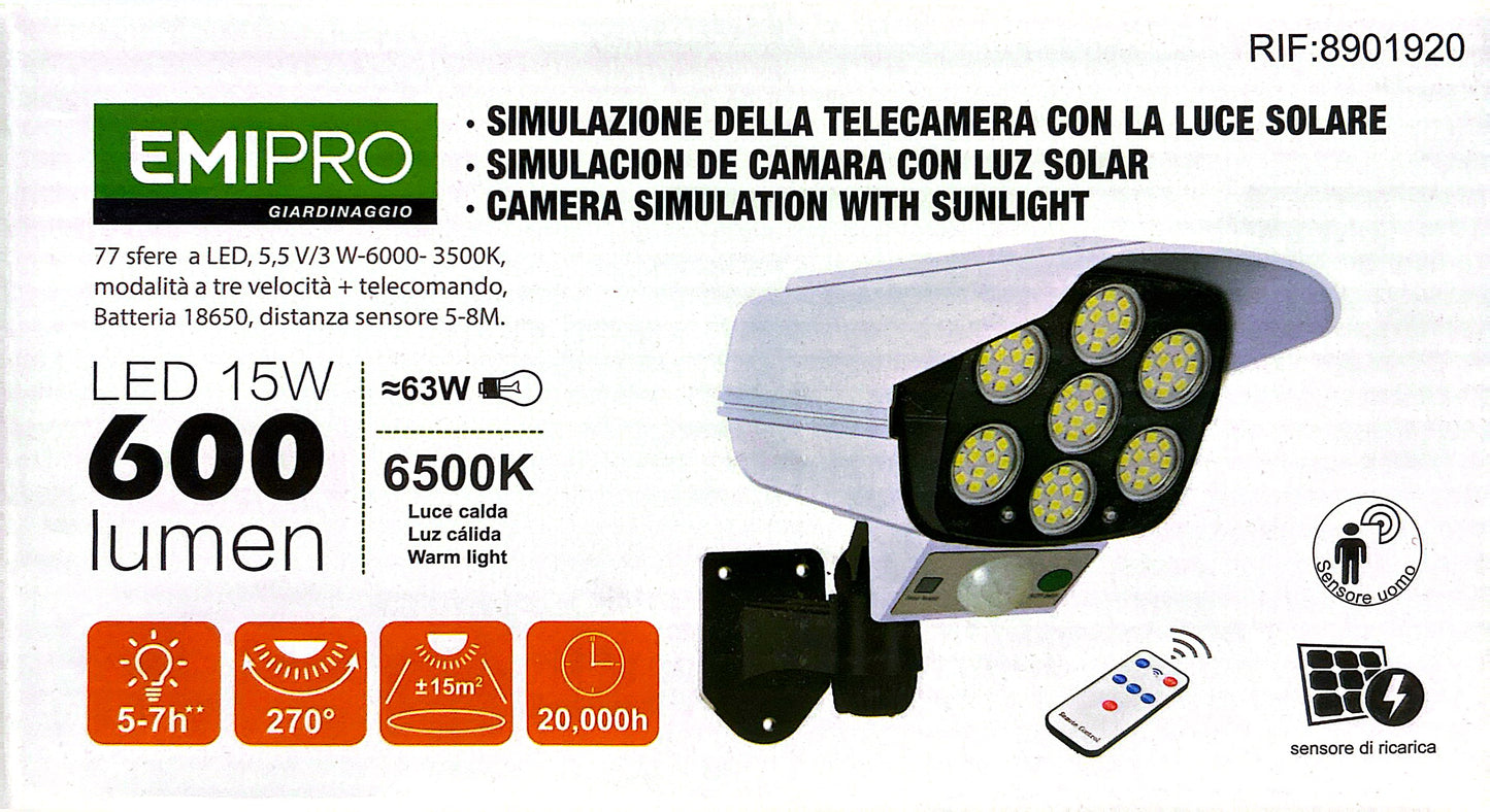 SIMULAZIONE DELLA TELECAMERA FINTA CON LA LUCE SOLARE LED 15W BIANCO TELECOMANDO