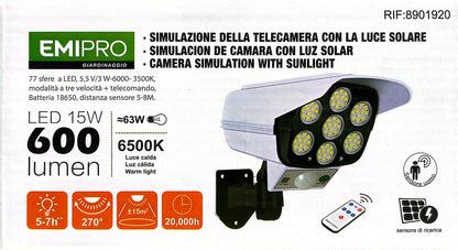 SIMULAZIONE DELLA TELECAMERA FINTA CON LA LUCE SOLARE LED 15W BIANCO TELECOMANDO