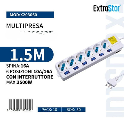 Ciabatta Multipresa a 4/5/6 Posti Spina Bipasso Schuko 10-16A con Interruttori Luminosi e Cavo 1.5m SPINA 16A per Uso Domestico