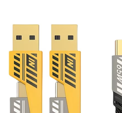 Unico CB2203 Cavo Dati 4-in-1 1M, Ricarica Rapida PD 65W, USB-A e Type-C a Lightning/Type-C, Cavo Piatto Nylon Intrecciato, Connettore Rimovibile in Metallo, Giallo e Nero