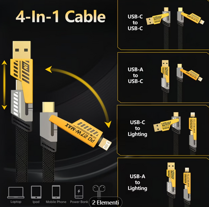 Cavo di Ricarica Rapida 4-in-1, 100 cm, Doppio Connettore Type-C & USB Lightning, Cavo Piatto in Tessuto, Superficie Opaca, USB Maschio a Maschio, Compatibile con iPhone 15, per iPhone, Cavo di Ricarica USB Type C per Tablet