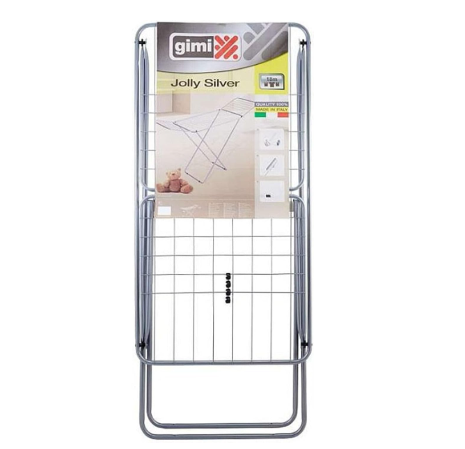 Gimi Jolly Stendibiancheria Da Pavimento, Stendino Con Piedi Antiscivolo, Spazio Stenditura 18 M, Metallo, Per Interni, Acciaio‎, 180 x 55 x 93 cm, 2.55 Kg
