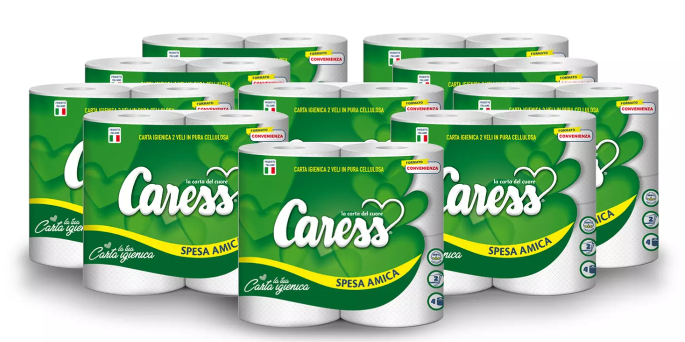 40 ROTOLI CARTA IGIENICA 2VELI PURA CELLULOSA CARESS SPESA AMICA+OMAGIO 1PZ TOVAGLIOLA CARESS FAMIILY PACK