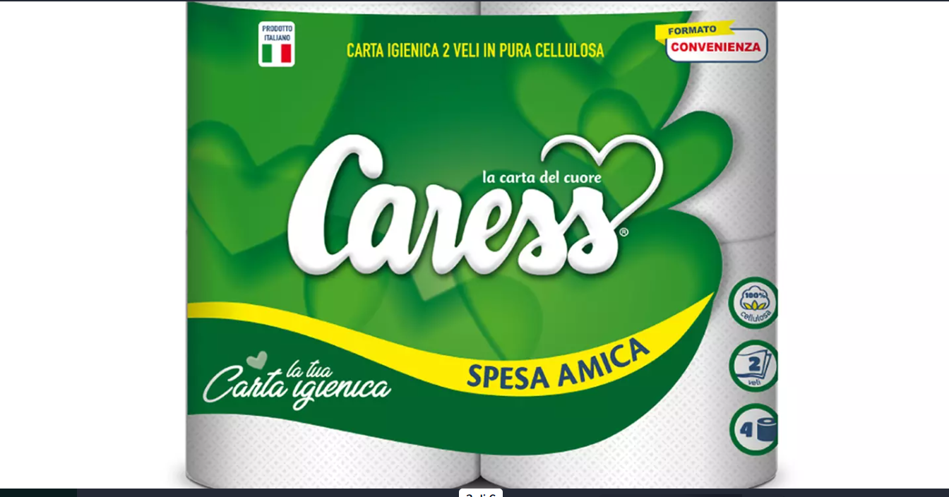 40 ROTOLI CARTA IGIENICA 2VELI PURA CELLULOSA CARESS SPESA AMICA+OMAGIO 1PZ TOVAGLIOLA CARESS FAMIILY PACK
