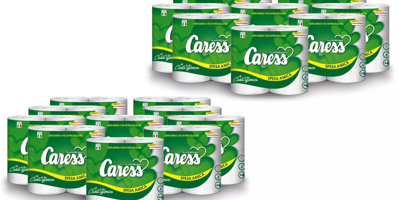 40 ROTOLI CARTA IGIENICA 2VELI PURA CELLULOSA CARESS SPESA AMICA+OMAGIO 1PZ TOVAGLIOLA CARESS FAMIILY PACK