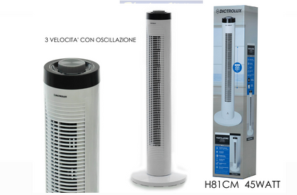 Dictrolux Ventilatore a Colonna H81CM 45W 3 Velocità Ø30x78 cm Comfort e Efficienza nero timer/bianco no timer 45Watt