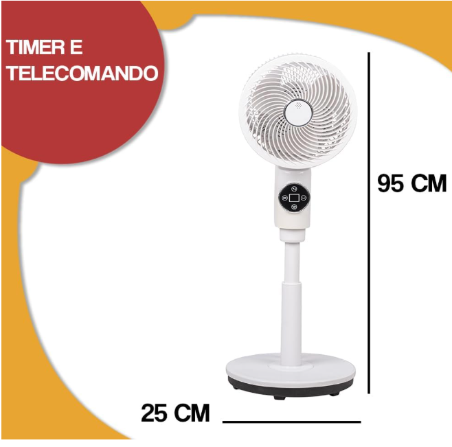 Ventilatore a Piantana con 3 Pale, Leggero e Salvaspazio, Potenza 45 Watt con Telecomando e 6 Velocità Selezionabili, Funzione Timer, Base Antiribaltamento, Ventilazione Silenziosa