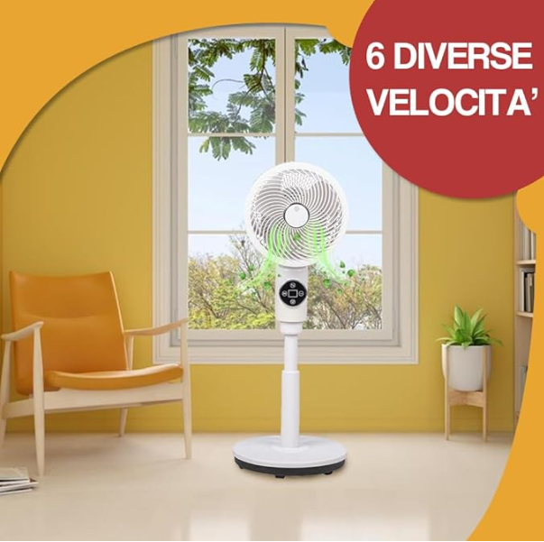 Ventilatore a Piantana con 3 Pale, Leggero e Salvaspazio, Potenza 45 Watt con Telecomando e 6 Velocità Selezionabili, Funzione Timer, Base Antiribaltamento, Ventilazione Silenziosa