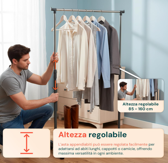 Appendiabiti con Ruote in Metallo - Altezza Regolabile80*40*160cm - Stand Appendiabiti Ideale per Riporre Giacche, Cappotti, Abiti o Scarpe - Design Minimal e Struttura Stabile
