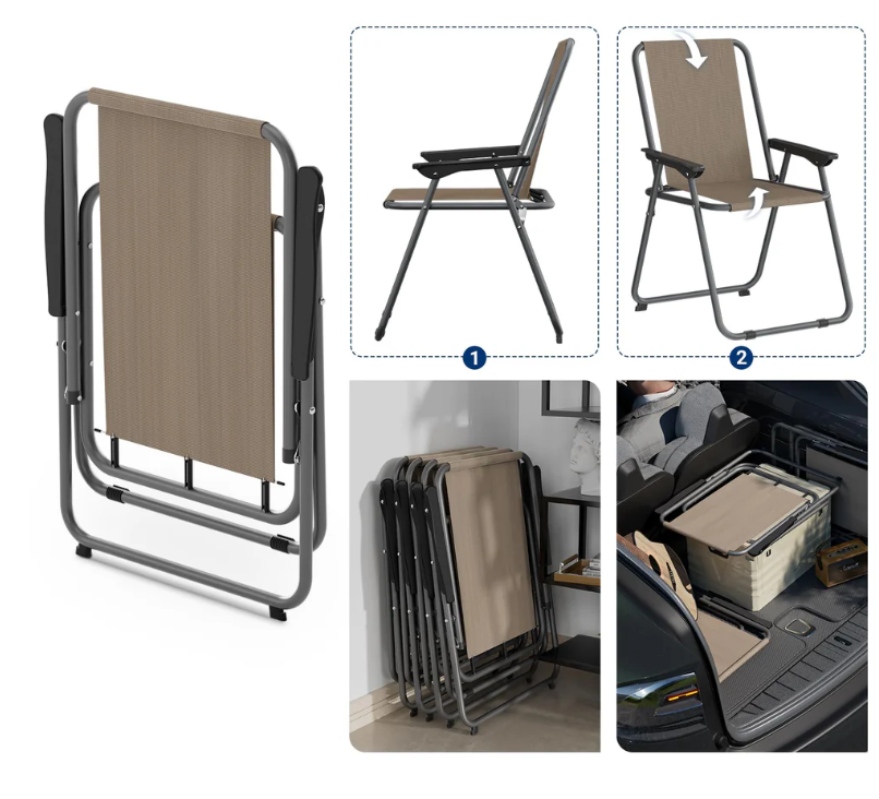Sedia da Mare Pieghevole con Braccioli - Struttura in Metallo Bianco e Tessuto Marrone - Dimensioni: 52x48x86H cm - Capacità Massima: 100 kg - Sedia da Campeggio e Giardino Leggera e Portatile