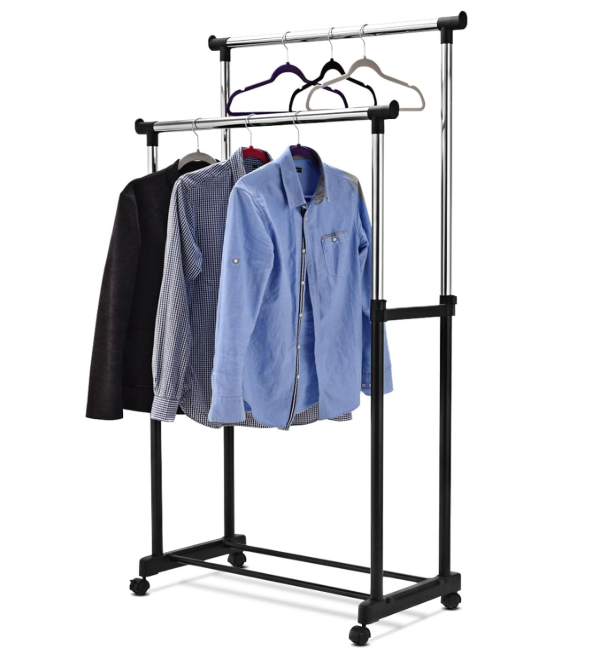 Multi-Purpose Metal Coat Rack, Clothes Rack with Wheels, Double Garment Rack with Adjustable Height, 80x43x160 cm