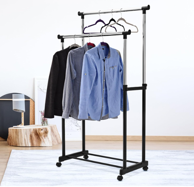 Multi-Purpose Metal Coat Rack, Clothes Rack with Wheels, Double Garment Rack with Adjustable Height, 80x43x160 cm