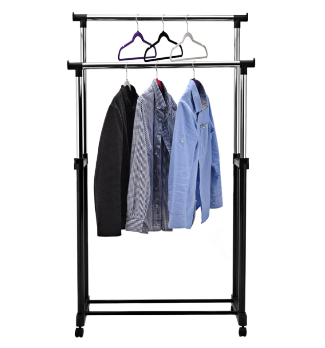 Multi-Purpose Metal Coat Rack, Clothes Rack with Wheels, Double Garment Rack with Adjustable Height, 80x43x160 cm