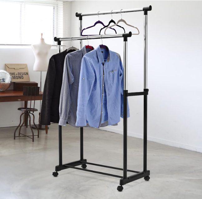 Multi-Purpose Metal Coat Rack, Clothes Rack with Wheels, Double Garment Rack with Adjustable Height, 80x43x160 cm