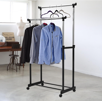 Multi-Purpose Metal Coat Rack, Clothes Rack with Wheels, Double Garment Rack with Adjustable Height, 80x43x160 cm