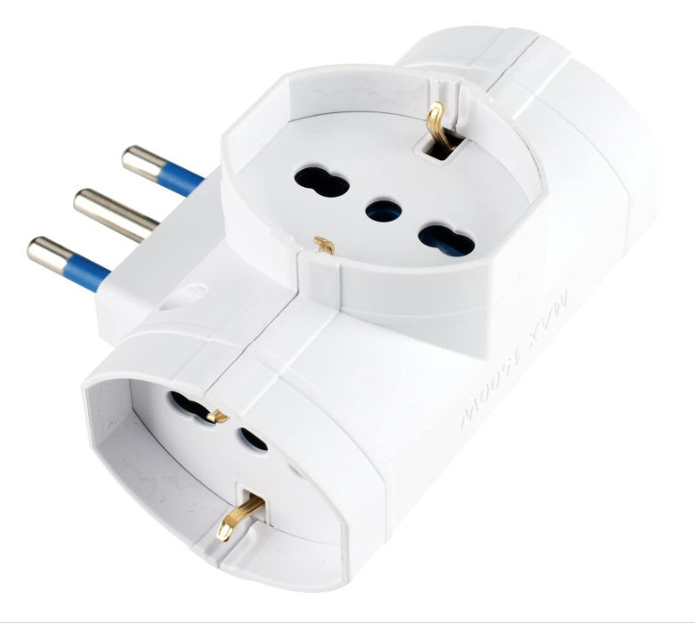 Adattatore Spina Italiana Grande Adattatore con 3 Prese Pluristandard 10-16A (Standard Italiano 10A e Tedesco 16A Terra Laterale) e Spina 16A Adattatore Multipresa, Bianco