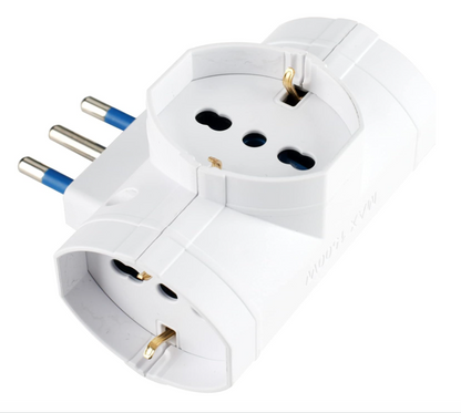 Adattatore Spina Italiana Grande Adattatore con 3 Prese Pluristandard 10-16A (Standard Italiano 10A e Tedesco 16A Terra Laterale) e Spina 16A Adattatore Multipresa, Bianco