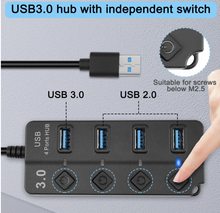 Hub di espansione USB 3.0 a 4 porte da 30 cm, hub dati veloce USB 3.0 con interruttori di accensione/spegnimento LED individuali, prolunga porta USB portatile per laptop, unità flash