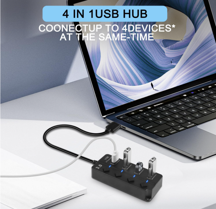 Hub di espansione USB 3.0 a 4 porte da 30 cm, hub dati veloce USB 3.0 con interruttori di accensione/spegnimento LED individuali, prolunga porta USB portatile per laptop, unità flash