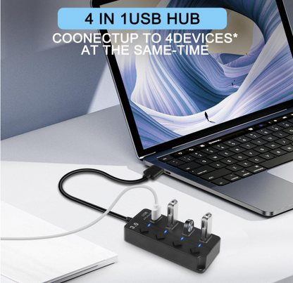 Hub di espansione USB 3.0 a 4 porte da 30 cm, hub dati veloce USB 3.0 con interruttori di accensione/spegnimento LED individuali, prolunga porta USB portatile per laptop, unità flash