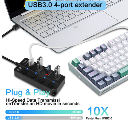 Hub di espansione USB 3.0 a 4 porte da 30 cm, hub dati veloce USB 3.0 con interruttori di accensione/spegnimento LED individuali, prolunga porta USB portatile per laptop, unità flash