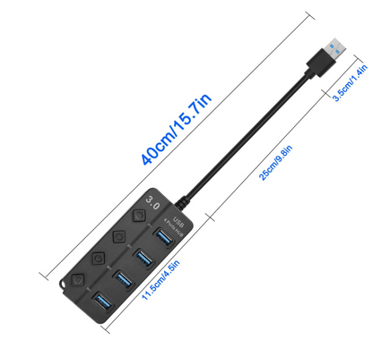 Hub di espansione USB 3.0 a 4 porte da 30 cm, hub dati veloce USB 3.0 con interruttori di accensione/spegnimento LED individuali, prolunga porta USB portatile per laptop, unità flash
