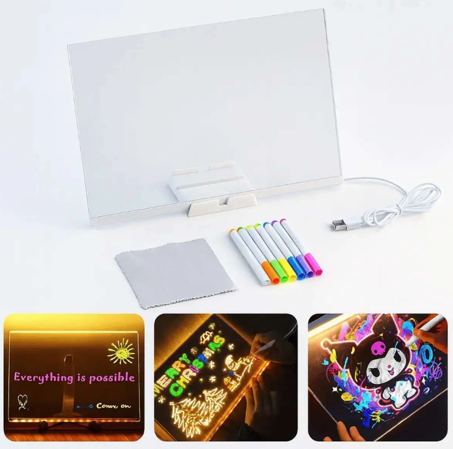 LED Acrylic Message Board, Acrylic Message Board with LED Lights, Erasable Magic Whiteboard with Stand, LED Illuminated Drawing Board 30*20cm