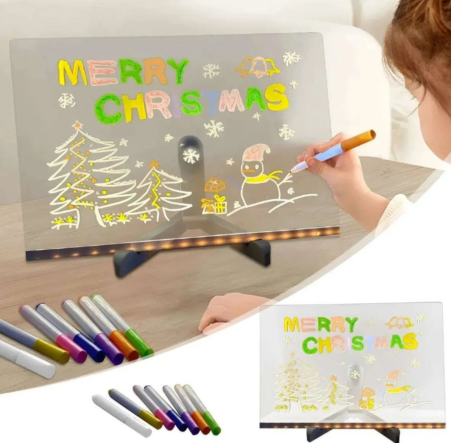 LED Acrylic Message Board, Acrylic Message Board with LED Lights, Erasable Magic Whiteboard with Stand, LED Illuminated Drawing Board 30*20cm