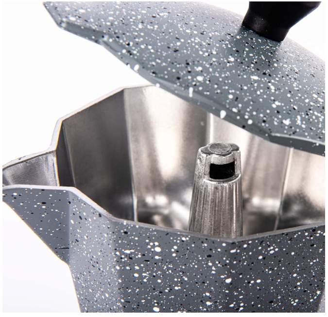 Coffee Maker 1/2/3/6 Cups – Stone Effect Aluminum Moka Pot | Ergonomic Handle, Compatible with Gas and Traditional Hobs