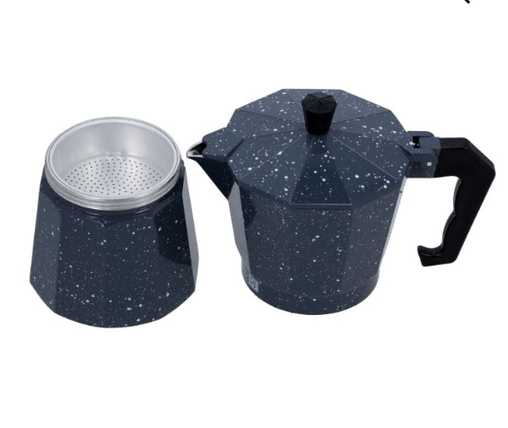 Coffee Maker 1/2/3/6 Cups – Stone Effect Aluminum Moka Pot | Ergonomic Handle, Compatible with Gas and Traditional Hobs
