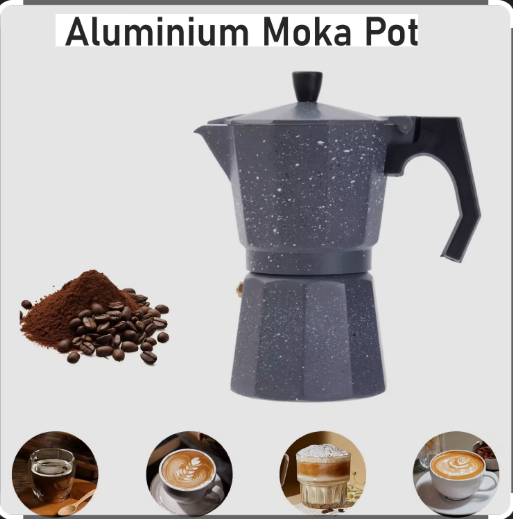 Coffee Maker 1/2/3/6 Cups – Stone Effect Aluminum Moka Pot | Ergonomic Handle, Compatible with Gas and Traditional Hobs