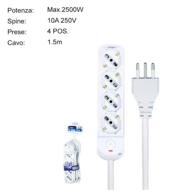 Universal Power Strip 3/4/5/6 Outlets White SCHUKO Bipasso 10A/16A with Switch Plug 10A Cable 1.5m Max 2500W 250V