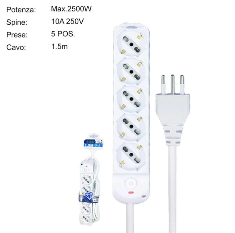 Universal Power Strip 3/4/5/6 Outlets White SCHUKO Bipasso 10A/16A with Switch Plug 10A Cable 1.5m Max 2500W 250V